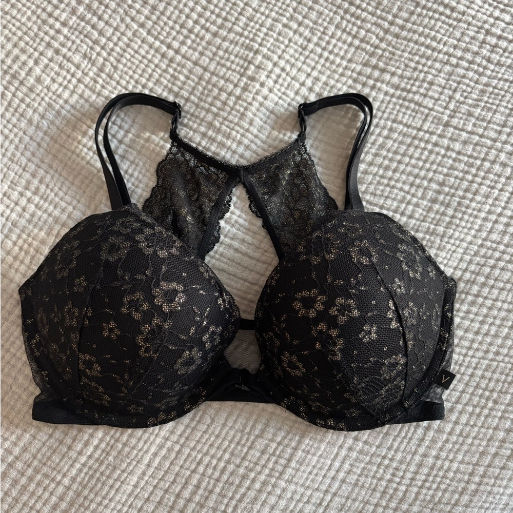 NWOT Victoria’s Secret Sexy Tee Push Up Lace Black Gold Floral Bra